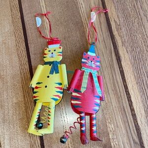 2 DANSK Holiday Christmas Tree ornament Metal Cat Red Yellow Bell Tail